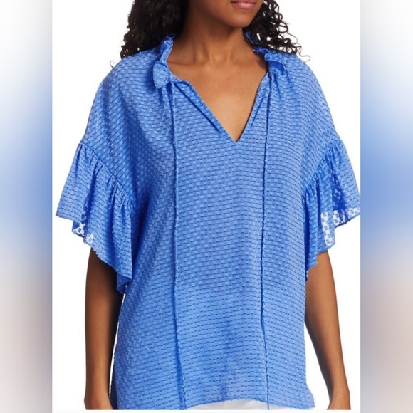 Alice + Olivia Julius Ruffle Peasant Blouse Blue Top Solid  Swiss Dot Ties  XS - Picture 6 of 17